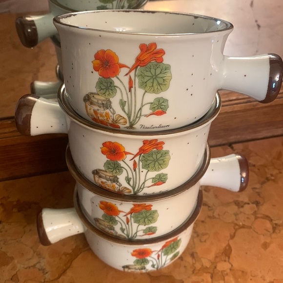 Vintage MCM Ceramic Floral Speckled handled Soup Bowls 4 Nasturtium - Picture 1 of 6